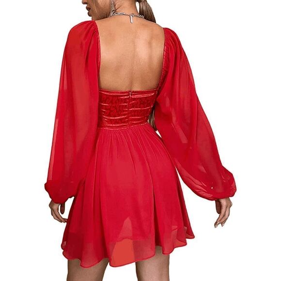 ❤️ Long Lantern Sleeve Satin Corset Cocktail Party Red Swing Dress SIZE L NEW - Picture 6 of 12
